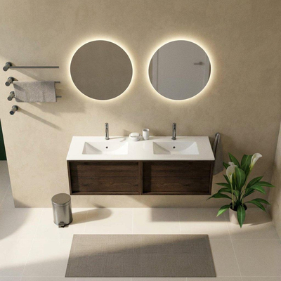 Saniclass Holz Frame Ensemble de meubles de salle de bains - 140x45x42cm - Lavabo Vygo en céramique blanc - 2 vasques - 2 trous de robinetterie - 2 tiroirs - chêne charcoal brillant (bois)