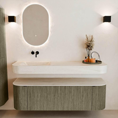 MONDIAZ THOR-DLUX 150cm meuble de salle de bains arrondi gauche + droite couleur Shadow avec 1 tiroir et 2 portes. Vasque suspendue CLOUD Gauche sans trou de robinet couleur Meli.