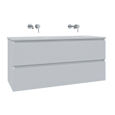 Adema Chaci Meuble salle de bain - 120x46x57cm - 2 vasques en céramique blanche - sans trou de robinet - 2 tiroirs - miroir rond avec éclairage - blanc mat