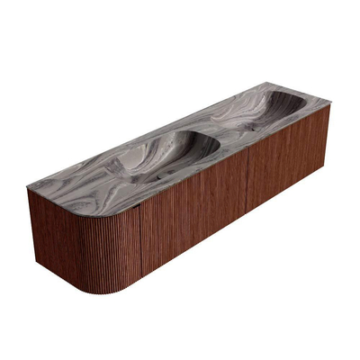 MONDIAZ KURVE-DLUX Meuble de salle de bains 175cm arrondi à gauche couleur Ruby avec 2 tiroirs et 1 porte. Lavabo STOR SMALL Double / Droite sans trou de robinet Sombra.