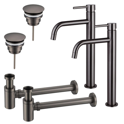 FugaFlow Eccelente Sobrado Badkamer Slim Wastafelkraanset - voor dubbele wastafel - verhoogde wastafelkraan - always open plug - verlaagde design sifon - PVD Gepolijst Gunmetal