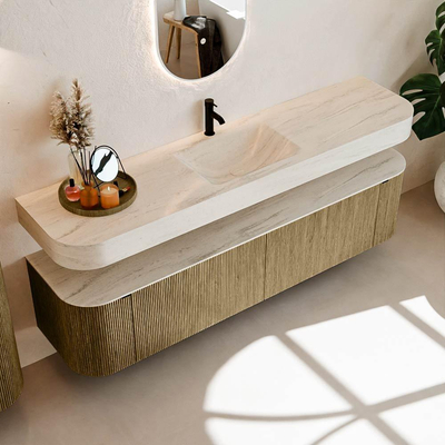 MONDIAZ THOR-DLUX 190cm meuble de salle de bains arrondi gauche + droite couleur Dusk avec 2 tiroirs et 2 portes. Vasque suspendue CLOUD Milieu 1 trou de robinet couleur Meli.