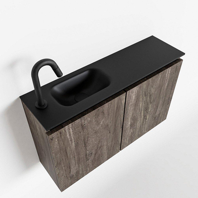 MONDIAZ TURE Kit lave-mains - 80x23x50cm - 1 trou de robinet - 2 portes - marron foncé mat - Lavabo à gauche - Solid Surface Noir