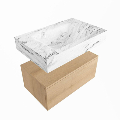 Mondiaz ALAN-DLUX Ensemble de meuble - 70cm - meuble Washed Oak mat - 1 tiroir - Lavabo Cloud Glace suspendu - vasque Centre - 0 trous de robinet