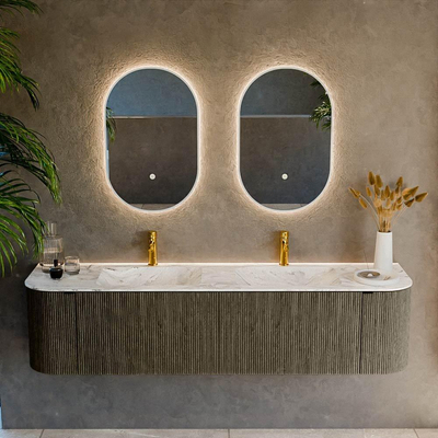 Mondiaz KURVE-DLUX Ensemble de meuble de salle de bains - 180x46x40cm - 2 tiroirs - 2 portes - vasque solid surface - double - 2 trous de robinet - Shadow