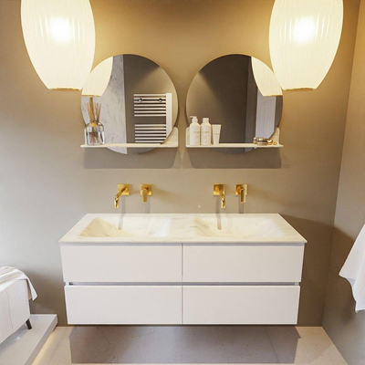 MONDIAZ VICA-DLUX Ensemble meuble de salle de bains - 130cm - meuble sous-vasque talc - 4 tiroirs - lavabo encastré cloud double - sans trous de robinet - version haute 60cm - opalo