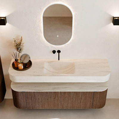 MONDIAZ THOR-DLUX 160cm badmeubel ronding links + rechts kleur Walnut met 1 lade en 2 deuren. Vrijhangende wastafel CLOUD Midden zonder kraangat kleur Meli.