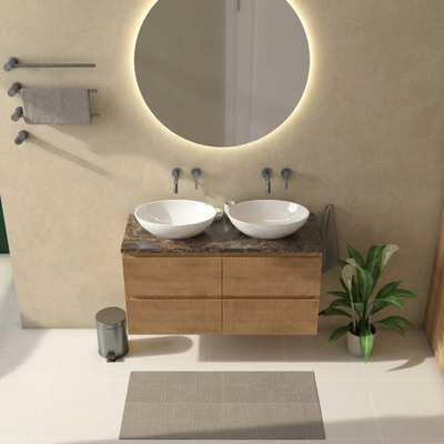 Saniclass Holz Atelier Ensemble de meuble de salle de bains - 120x45x63cm - Plan de travail en pierre naturelle Noche dark emperador - sans trou de robinet - 2 tiroirs - chêne natural mat (bois)