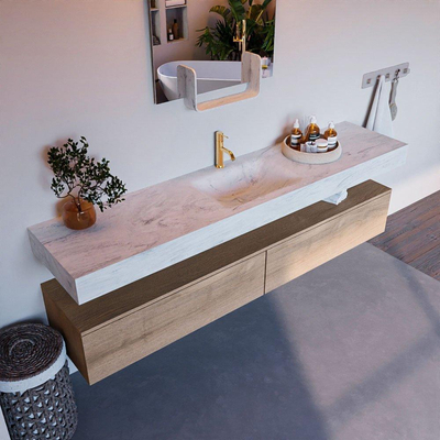 Mondiaz ALAN-DLUX Ensemble de meuble - 200cm - meuble Washed Oak mat - 2 tiroirs - Lavabo Cloud Opalo suspendu - vasque Centre - 1 trou de robinet