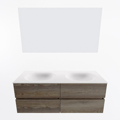 Mondiaz VICA ensemble de meuble de salle de bain - 130cm - meuble sous-vasque marron foncé gris - 4 tiroirs - lavabo lune double - sans trous de robinet - couleur talc - miroir LED - version XL 60cm de haut