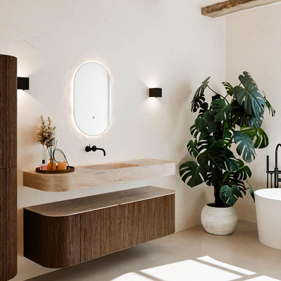 MONDIAZ THOR-DLUX 150cm meuble de salle de bains arrondi gauche + droite couleur Walnut avec 1 tiroir et 2 portes. Vasque suspendue CLOUD Centre sans trou de robinet couleur Saba.