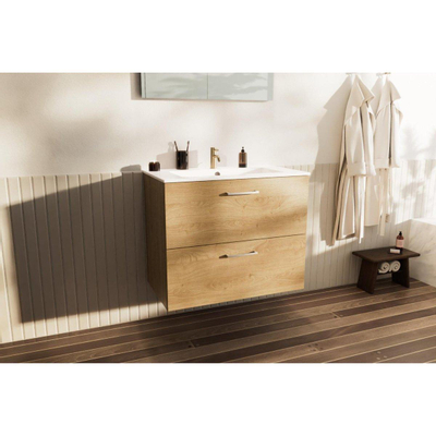 Go by Van Marcke ensemble meuble de salle de bains - 80x65x45.5cm - 2 tiroirs - avec poignées - 1 lavabo blanc mat - 1 trou de robinet - avec miroir - MDF chêne riverside