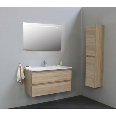 Basic Bella Meuble salle de bains avec lavabo acrylique Blanc 100x55x46cm 1 trou de robinet avec miroir et éclairage Chêne
