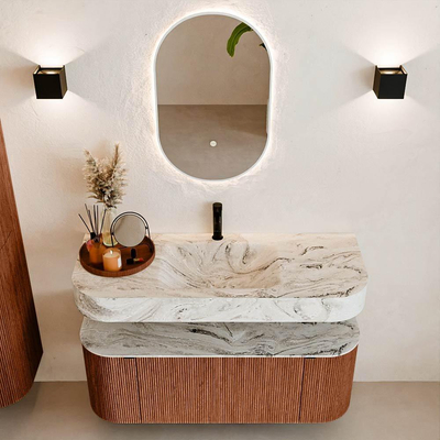 MONDIAZ THOR-DLUX Meuble de salle de bains - 120cm - arrondi gauche + droite - couleur Ruby - 1 tiroir - 2 portes - Vasque suspendue CLOUD Milieu 1 trou de robinet - couleur Glace