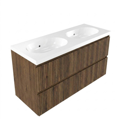 Saniclass Holz Atelier Ensemble de meubles de salle de bains - 120x45x63.5cm - lavabo en céramique Palermo blanc - 2 vasques - sans trous de robinetterie - 2 tiroirs - chêne charcoal mat (bois)