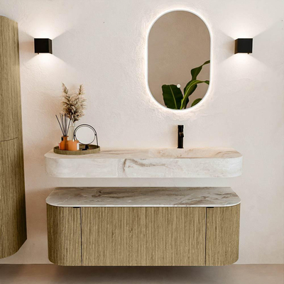 MONDIAZ THOR-DLUX Meuble de salle de bains 130cm arrondi gauche + droite couleur Dusk avec 1 tiroir et 2 portes. Vasque suspendue CLOUD Droite 1 trou de robinet couleur Frappe.