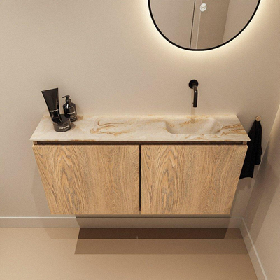 MONDIAZ TURE-DLUX 100cm meuble WC Washed Oak. EDEN lavabo Frappe position droite. Sans trou de robinet.