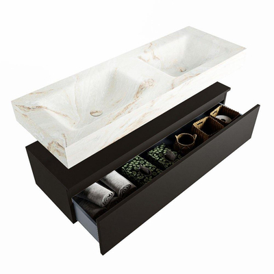 Mondiaz ALAN-DLUX Ensemble de meuble - 130cm - meuble Urban mat - 1 tiroir - Lavabo Cloud Frappe suspendu - vasque Gauche et droite - 0 trous de robinet