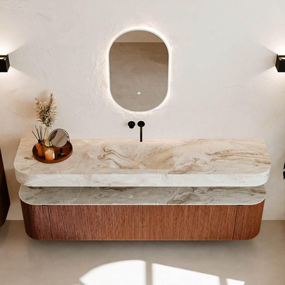 MONDIAZ THOR-DLUX 200cm meuble de salle de bains arrondi gauche + droite couleur Ruby avec 2 tiroirs et 2 portes. Vasque suspendue CLOUD Milieu sans trou de robinet couleur Frappe.