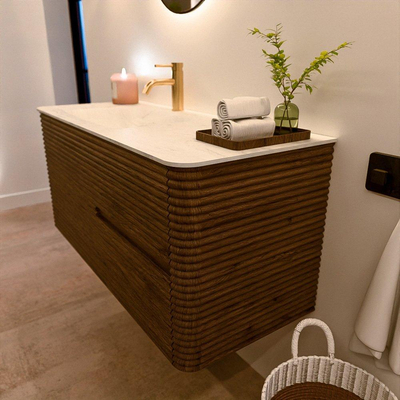 Mondiaz CIRO-DLUX Badkamermeubelset - 110x45x50cm - Solid surface wastafel Opalo - 1 wasbak Links - 1 kraangat - 2 lades - Dusk