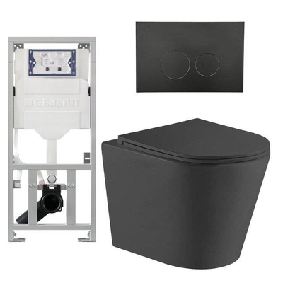 QeramiQ Dely Toiletset - 36.3x51.7cm - diepspoel - rimless - Geberit UP320 inbouwreservoir - met Burda frame - softclose toiletzitting - mat zwarte bedieningsplaat - ronde knoppen - mat zwart