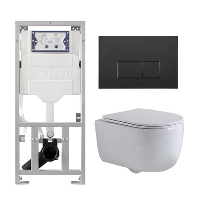QeramiQ Dely Swirl Toiletset - 36.3x51.7cm - Geberit UP320 inbouwreservoir - met Burda frame - slim zitting - mat zwarte bedieningsplaat - rechthoekige knoppen - wit glans