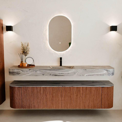 MONDIAZ THOR-DLUX Meuble de salle de bains 190cm arrondi gauche + droite couleur Ruby avec 2 tiroirs et 2 portes. Vasque suspendue CLOUD Milieu 1 trou de robinet couleur Sombra.