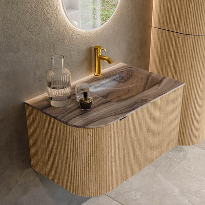 MONDIAZ KURVE-DLUX Meuble de salle de bains 75cm arrondi à gauche couleur Oak avec 1 tiroir et 1 porte. Lavabo GRUNNE à droite 1 trou de robinet Sombra.