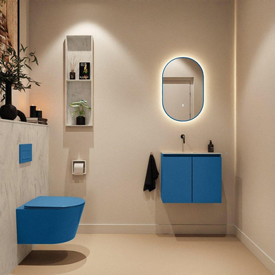 MONDIAZ TURE-DLUX Meuble toilette - 60cm - Jeans - EDEN - vasque Opalo - position gauche - sans trou de robinet