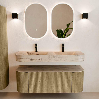 MONDIAZ THOR-DLUX 130cm meuble de salle de bains arrondi gauche + droite couleur Dusk avec 1 tiroir et 2 portes. Vasque suspendue CLOUD Double 2 trous de robinet couleur Arena.