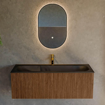 MONDIAZ KURVE 120cm Meuble salle de bain - couleur Walnut - 1 tiroir - vasque BIG LARGE centre - 1 trou de robinet - Urban