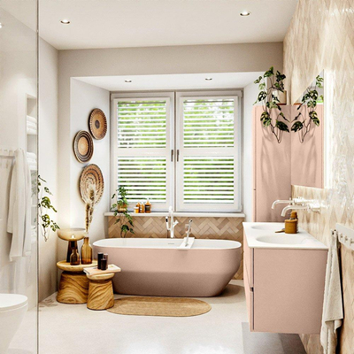 MONDIAZ VICA Ensemble meuble de salle de bains - 140cm - sous-meuble rosee - 4 tiroirs - lavabo moon double - sans trous de robinetterie - version haute 60cm - talc