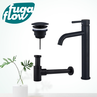 FugaFlow Eccelente Sobrado Badkamer Wastafelkraanset - verhoogde wastafelkraan - always open plug - verlaagde design sifon - Mat zwart