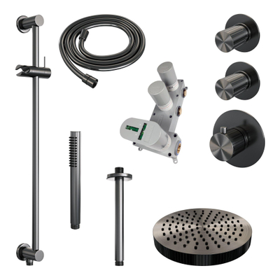 BRAUER Stripe Douche de tête thermostatique encastrée - SET 09 - pomme de douche 25cm - bras plafond - douchette à main avec barre coulissante intégrée - flexible de douche - gunmetal brossé PVD