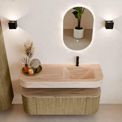 MONDIAZ THOR-DLUX Meuble de salle de bains 130cm arrondi gauche + droite couleur Dusk avec 1 tiroir et 2 portes. Vasque suspendue CLOUD Droite 1 trou de robinet couleur Saba.