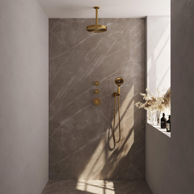 BRAUER Stripe Thermostatische Inbouw Regendouche - SET 06 - 25cm douchekop - plafondarm - 3-standen handdouche - doucheslang - wandaansluitbocht - goud geborsteld PVD