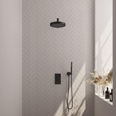 BRAUER Stripe Thermostatische Inbouw Regendouche - 3-weg - rechthoekig - SET 13 - 25cm douchekop - rechte muurarm - staaf handdouche - doucheslang - wandaansluitbocht - mat zwart