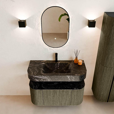 MONDIAZ THOR-DLUX 100cm meuble de salle de bains arrondi gauche + droite couleur Shadow avec 1 tiroir et 2 portes. Vasque suspendue CLOUD Milieu 1 trou de robinet couleur Lava.