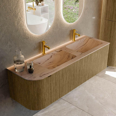 MONDIAZ KURVE-DLUX Meuble de salle de bains 145 cm arrondi à gauche couleur Dusk avec 1 tiroir et 1 porte. Lavabo LEAF Double / Droite 2 trous de robinet Arena.