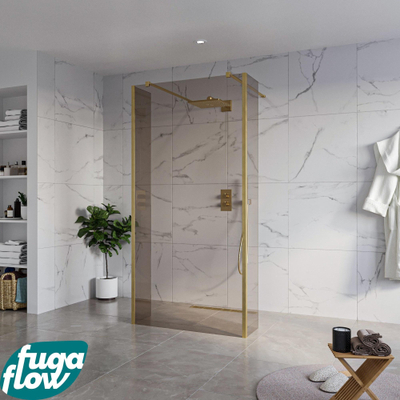 FugaFlow Eccelente Vetro Vrijstaande inloopdouche badkamer - 100x200cm - Rookglas - antikalk - 8mm veiligheidsglas - 2 zijwanden 30cm - met wandarmen en hoekprofielen - Messing geborsteld (goud) -
