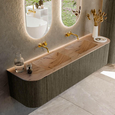 MONDIAZ KURVE-DLUX Meuble de salle de bains 180cm arrondi Gauche + Droite couleur Shadow avec 2 tiroirs et 2 portes. Lavabo LEAF Double sans trou de robinet Arena.