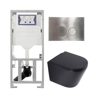 QeramiQ Dely Toiletset - 36.3x51.7cm - diepspoel - rimless - Geberit UP320 inbouwreservoir - softclose toilet zitting 35 mm - steel bedieningsplaat - ronde knoppen - mat zwart