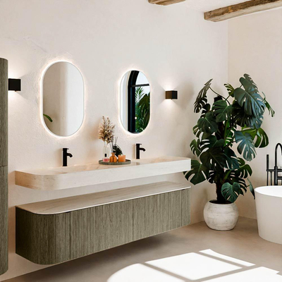 MONDIAZ THOR-DLUX 190cm meuble de salle de bains arrondi gauche + droite couleur Shadow avec 2 tiroirs et 2 portes. Vasque suspendue CLOUD Double 2 trous de robinet couleur Meli.