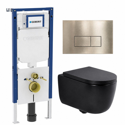 QeramiQ Dely Swirl Pack WC - 36,3x51,7cm - réservoir encastré Geberit UP720 Duofix Sigma - assise 35mm - plaque de déclenchement en laiton brossé - boutons rectangulaires - noir mat