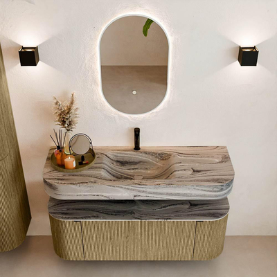 MONDIAZ THOR-DLUX 130cm meuble de salle de bains arrondi gauche + droite couleur Dusk avec 1 tiroir et 2 portes. Vasque suspendue CLOUD Milieu 1 trou de robinet couleur Sombra.