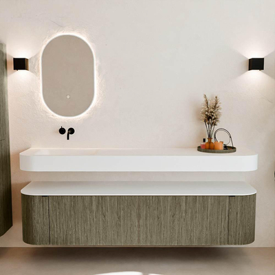 MONDIAZ THOR Meuble de salle de bains 190cm arrondi gauche + droite couleur Shadow avec 2 tiroirs et 2 portes. Vasque suspendue CLOUD gauche sans trou de robinet couleur Talc.