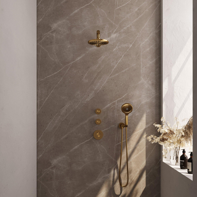 Brauer Gold Carving Ensemble de douche pluie encastré - douche principale 20cm - 3 boutons avec relief - bras mural droit - douchette ronde 3 positions - PVD - or brossé