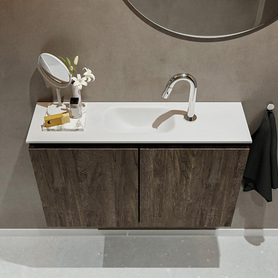 Mondiaz TURE Meuble lave-mains 80x23x50cm 1 trou de robinet 2 portes Dark brown mat Lavabo Eden Centre Solid Surface Blanc