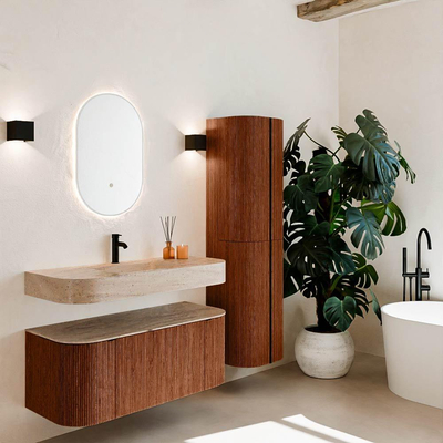 MONDIAZ THOR-DLUX 110cm meuble de salle de bains arrondi gauche + droite couleur Ruby avec 1 tiroir et 2 portes. Vasque suspendue CLOUD Milieu 1 trou de robinet couleur Saba.