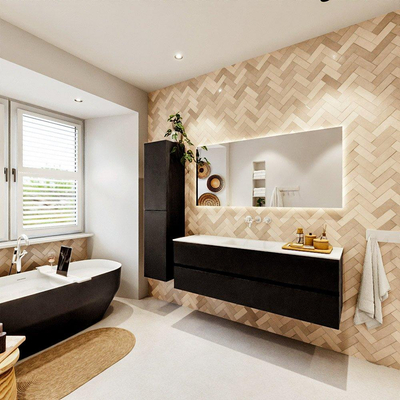 MONDIAZ VICA meuble sous lavabo 150cm Urban 2 tiroirs. Lavabo CLOUD au centre sans trou de robinet, couleur Talc.